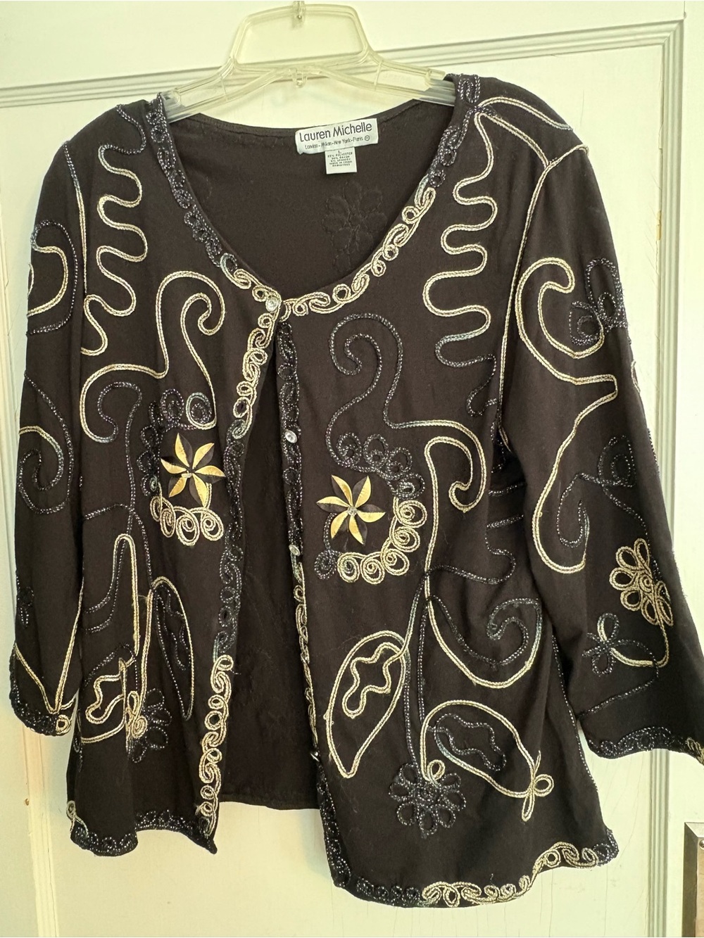 Lauren Michelle Black Embroidered Open-Front Cardigan with gold accents
